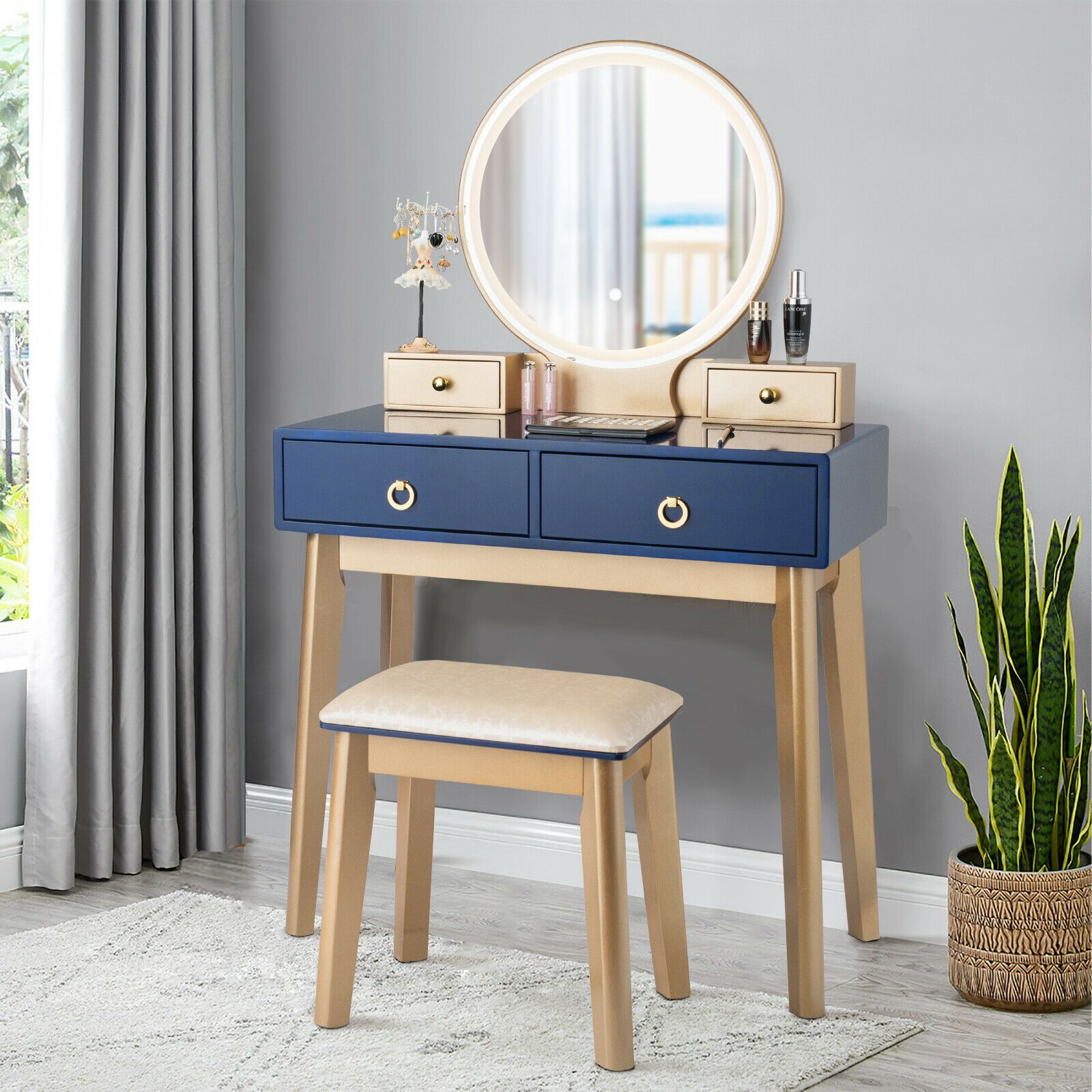 Modern Dressing Table with LED Mirror and Cushioned Stool
